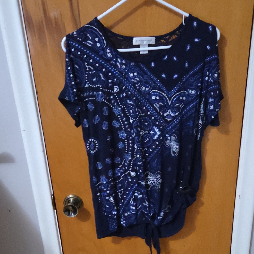 Christopher & Banks Navy Blue Paisley Short Sleeve Top